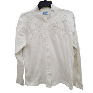 QPS Womens Vintage 80s 90s White Ribbed Cottagecore Lace Embroidered Button Up L